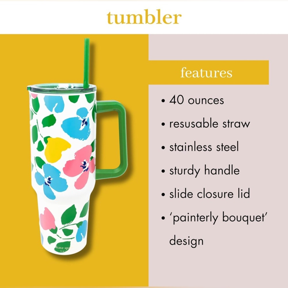 Kate Spade 40 Oz. Tumbler with Handle & Straw (Painterly Bouquet) NWT MSRP: $46 - Picture 6 of 11